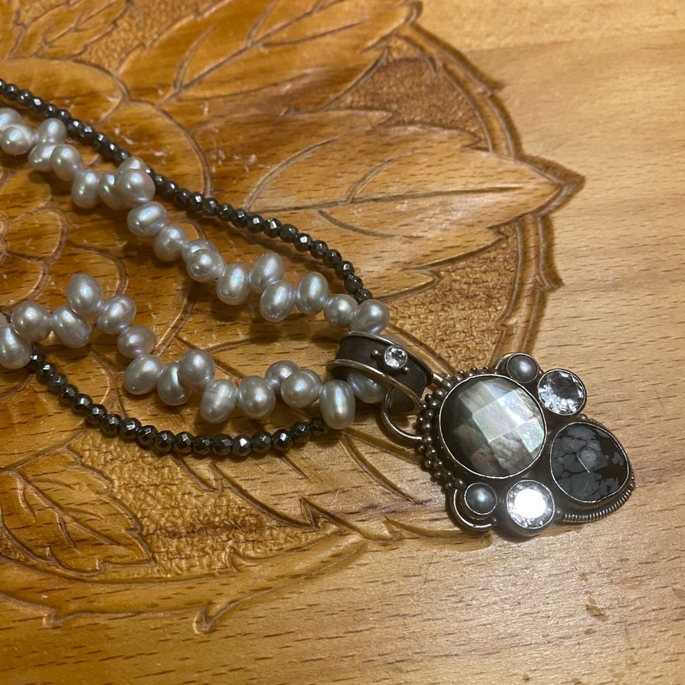 Echo of the Dreamer Elegant pearl/hematite Necklace with  sterling and bronze